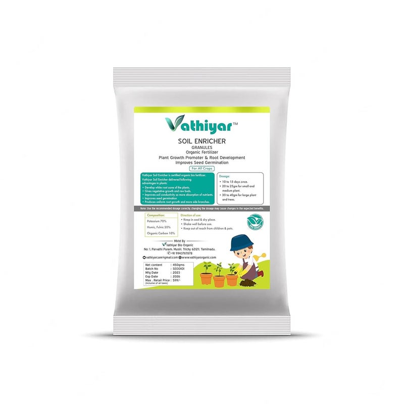 Vathiyar Soil Enricher Biotechnology Based Organic Fertilizer for All Indoor Outdoor Plants Promote Plant Growth and Develop New Roots 100 Water Soluble 450 Gram