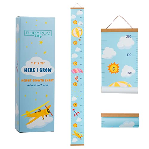 RubyRoo Baby Growth Chart - Growth Chart for Kids - Nursery or Toddler Room Wall Decor for Boy - Removable Roll Up Canvas Children Height Measure Chart with Wood Frame - 7.9" x 79" Adventure Theme - Image 1