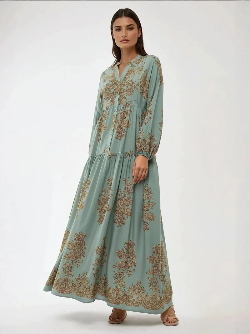 زوبعة فستان ماكسي فيسكون مطبوع بياقة قميص