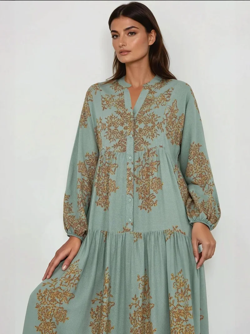 Printed Viscon Maxi Dress with Shirt Collar