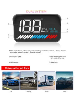 شو وو شاشة عرض رأسية للسيارة بنظام عالمي مزدوج 3.5 بوصة HUD، واجهة GPS لعداد السرعة، السرعة، عدد دورات المحرك في الدقيقة، تحذير السرعة الزائدة، قياس الأميال، درجة حرارة الماء، وضع GPS لجميع المركبات  - Image 2