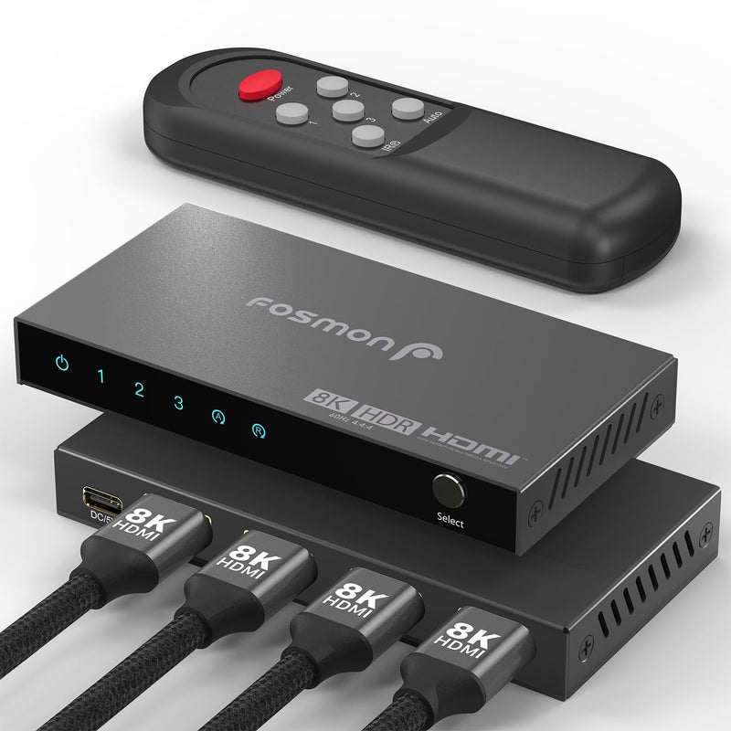 Fosmon 3-Port HDMI 8K Switch with Remote, Support 8K@60Hz 4K@120Hz HDR10+ HDCP 2.3 High Speed 48Gbps 3 in 1 Out Auto-Switching 3x1 HDMI 2.1 Switcher Splitter Hub Compatible with PS5, Xbox X, Apple TV - Image 1