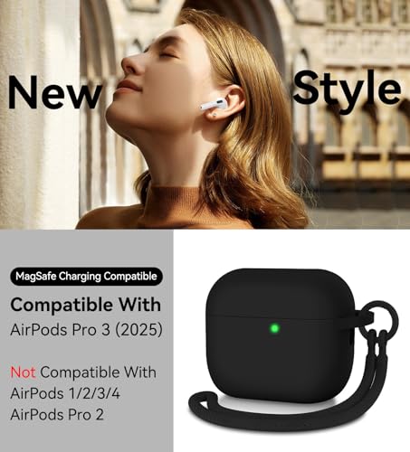 Matekxy for Airpods Pro 3 Case 2025 - for Airpod Pro3 Generation Soft Silicone Cover with Lanyard & Keychain for man, Shockproof Drop Protection Scratch Resistant for Commuters and Travelers, Black - Image 2