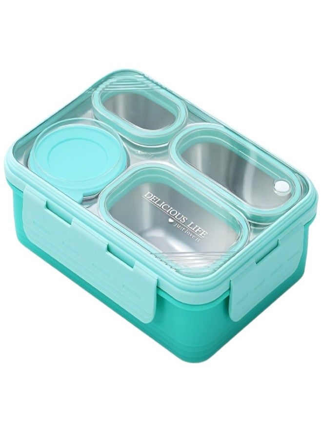 ATTRO Relish 4 Lunch Box Comes with 4 Inner Steel Compartments, 1 Small Bowl with lid, 1 Spoon & Chopstick Air-Tight Leakproof- 800ml + 150ml Mint Green - Image 1