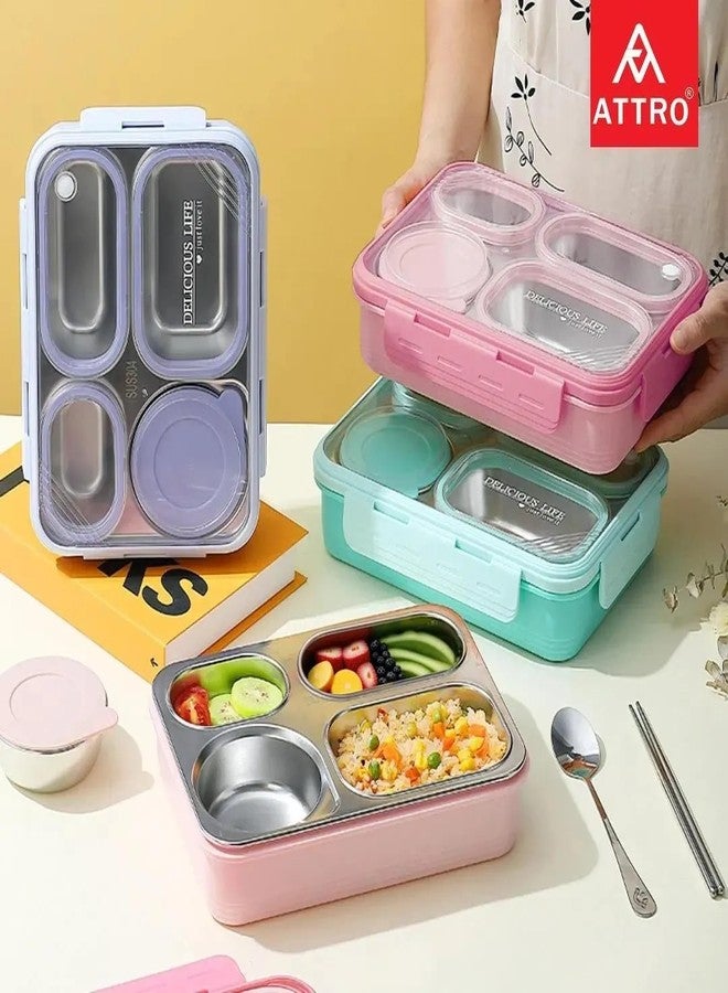 ATTRO Relish 4 Lunch Box Comes with 4 Inner Steel Compartments, 1 Small Bowl with lid, 1 Spoon & Chopstick Air-Tight Leakproof- 800ml + 150ml Mint Green - Image 2