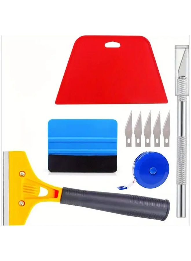 مجموعة كاملة من أدوات تعليق ورق الجدران: أدوات أساسية تشمل أداة تنعيم، فرشة طلاء، مكشطة، ممسحة حمراء، شريط قياس - Image 1