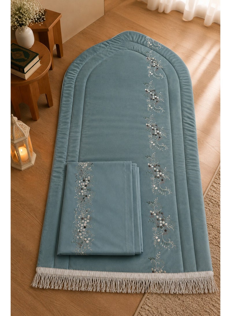 Padded prayer mat set with embroidered prayer shawl for women – Soft fabric with luxurious embroidery – Stylish and comfortable prayer set for everyday use – A special gift for special occasions, Ramadan, and Eid - Image 1