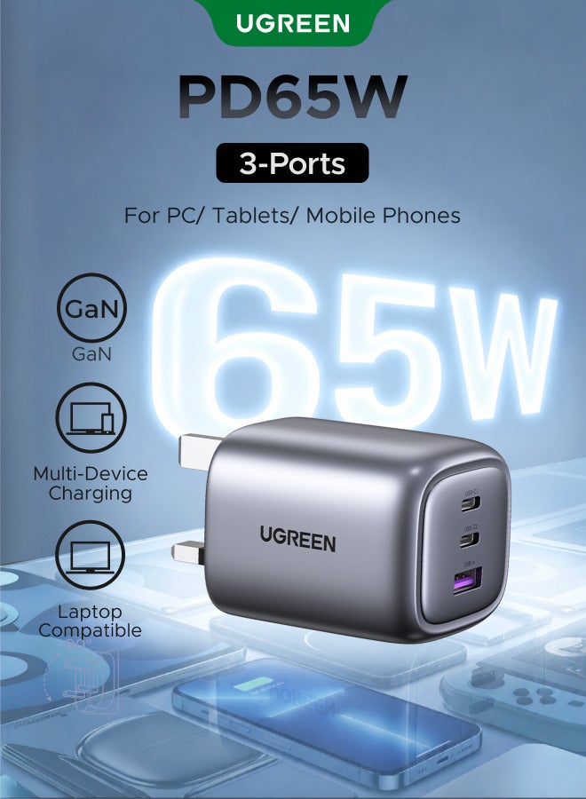 Ugreen Nexode 65W USB C Charger 3 Ports Foldable GaN Laptop Charger Type C Fast Wall Charger Plug Compatible With MacBook Pro Air HP Dell Lenovo iPad Pro Air iPhone 16 15 Pro Max Galaxy S24 23 Apple Watch S10 65W 2C1A - Image 1