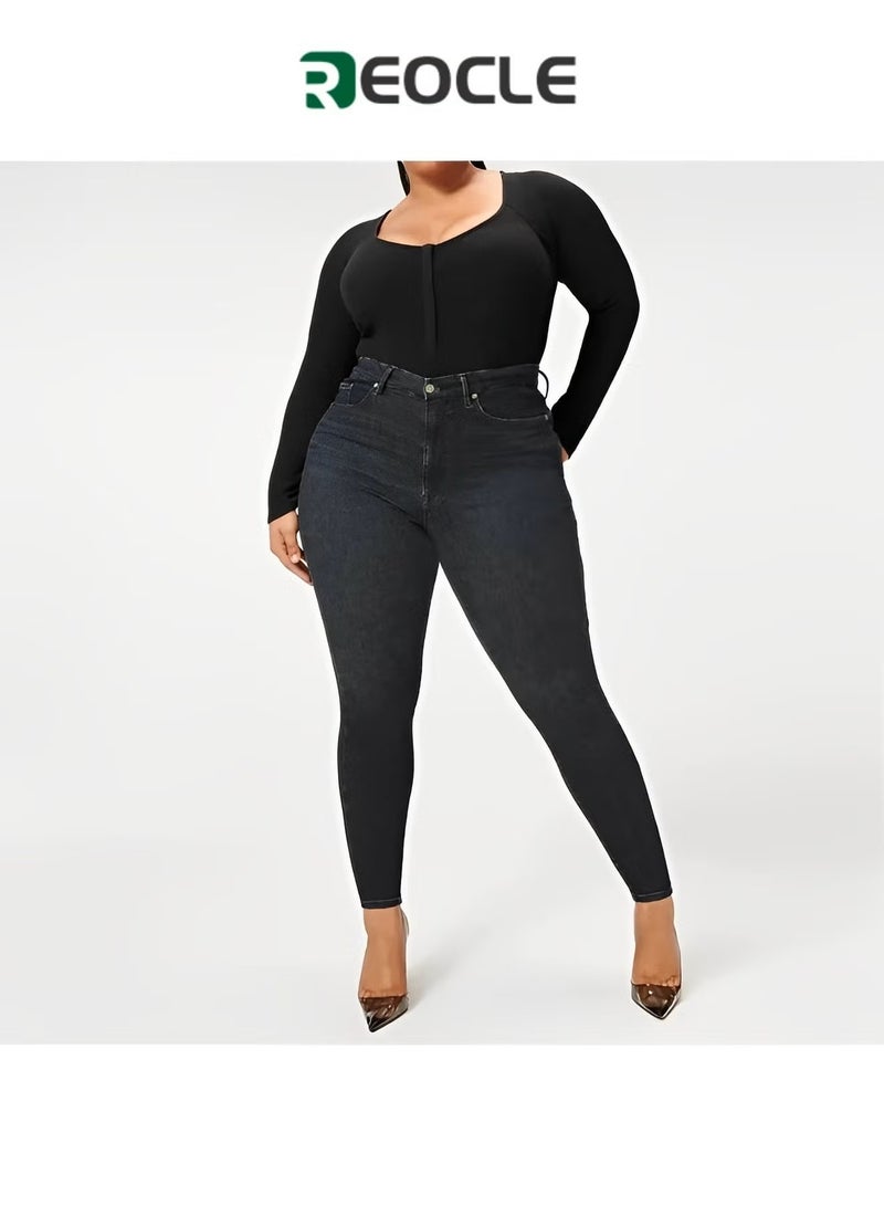 ريوكل بنطلون جينز نسائي ضيق من قماش الدنيم المطاطي بخصر عالٍ وقصة ضيقة وقصّة ساق رفيعة - Image 1