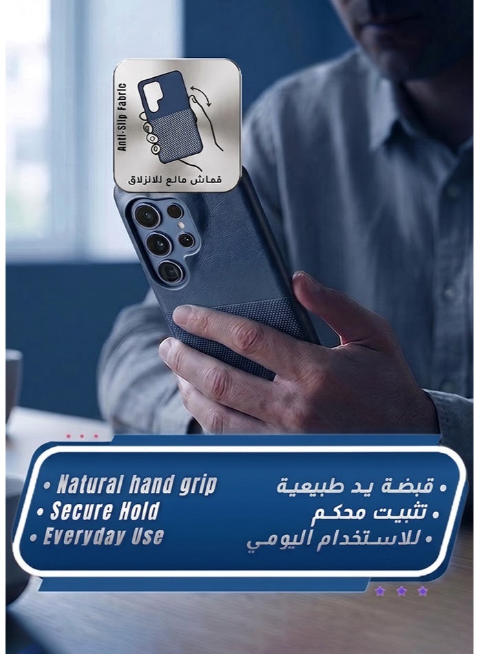 صوت واضح غطاء حماية لهاتف سامسونج جالاكسي إس٢٦ ألترا، بنسيج مزدوج من الجلد والقماش، مقاوم لبصمات الأصابع، ببطانة داخلية ناعمة، لحماية الكاميرا، غطاء خلفي رفيع واقٍ، (أزرق) - Image 3