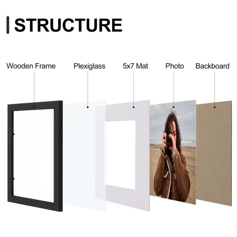 Vittanly 8x10 Picture Frames Set of 9, Display 5x7 Pictures with Mat or 8x10 without Mat, Photo Frames for Wall or Tabletop with Plexiglass, Engineered Wood, Black&Grey&White - Image 2