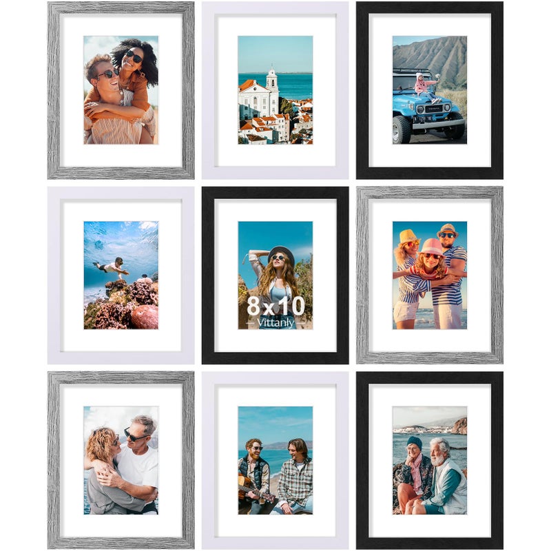 Vittanly 8x10 Picture Frames Set of 9, Display 5x7 Pictures with Mat or 8x10 without Mat, Photo Frames for Wall or Tabletop with Plexiglass, Engineered Wood, Black&Grey&White - Image 1