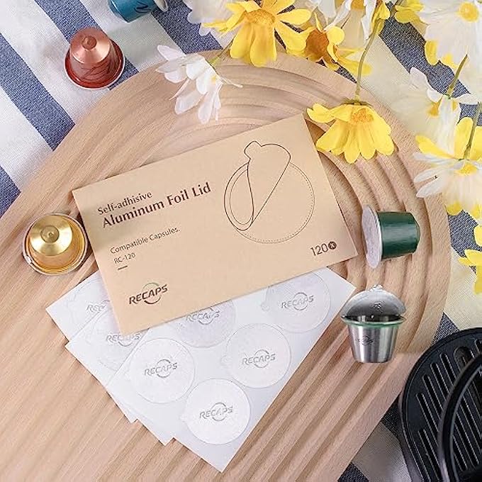ريكابس أغطية رقائق معدنية لكبسولات القهوة قابلة لإعادة الاستخدام، ملصقات وفلاتر، أغطية إسبرسو من الألومنيوم متوافقة مع خط نسبرسو الأصلي 37 مم، 120 قطعة - Image 5