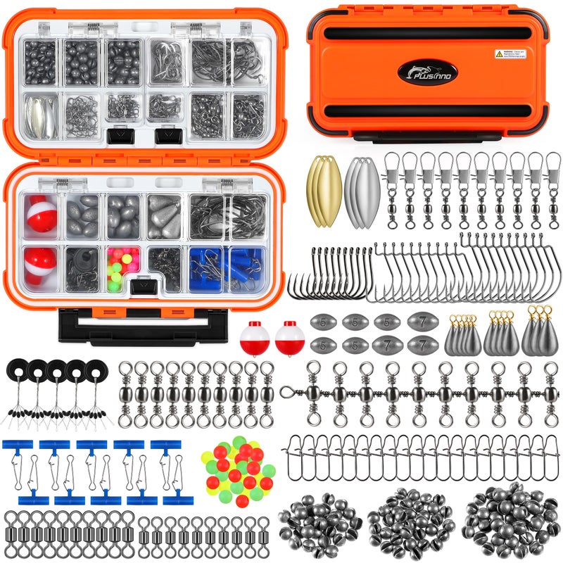 PLUSINNO 253pcs Fishing Accessories Kit, Fishing Tackle Box with Tackle Included, Fishing Hooks, Fishing Weights Sinkers, Spinner Blade, Fishing Gear for Bass, Bluegill, Crappie, Fishing - Image 1