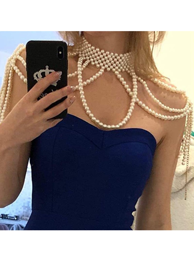 SYOSI Pearl Shawl Body Chain, Pearl Shoulder Necklace Body Jewelry, Bra Tassel Body Chain, Summer Beach Body Accessories, Party Body Chains - Image 2