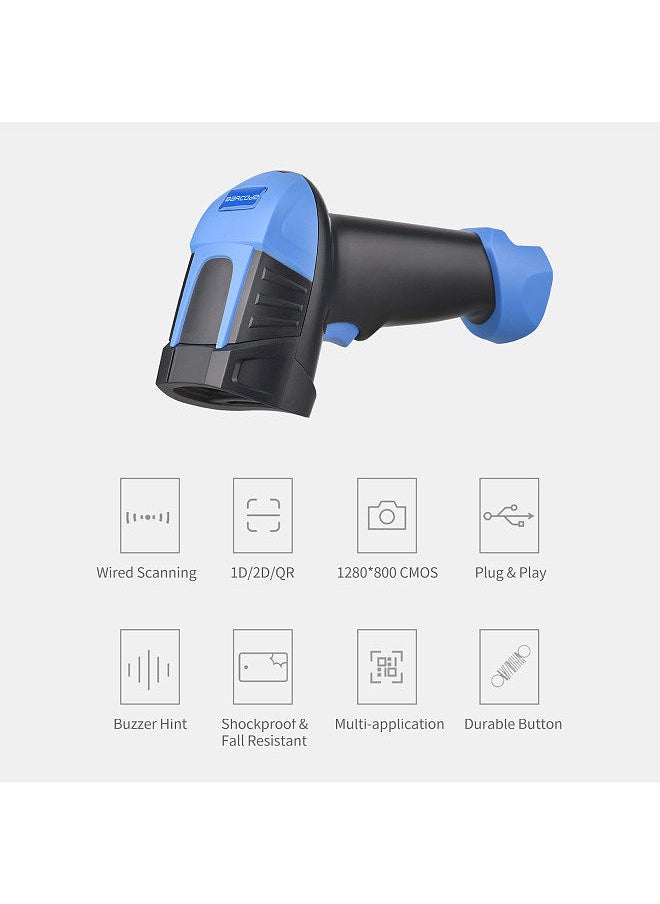Handheld 1D/2D/QR Barcode Scanner USB Wired Bar Code Reader Manual/Auto Trigger Scanning CMOS Image Sensor Support Paper Code/Screen Code PDF417 Compatible with Windows Android MacOS Linux System