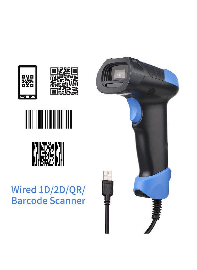 Handheld 1D/2D/QR Barcode Scanner USB Wired Bar Code Reader Manual/Auto Trigger Scanning CMOS Image Sensor Support Paper Code/Screen Code PDF417 Compatible with Windows Android MacOS Linux System