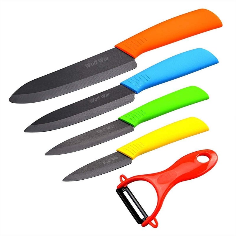 Wolf War Professional Kitchen Ceramic Knife Set With Sheaths, Super Sharp Rust Proof Stain Resistant (6" Chef Knife, 5" Utility Knife, 4" Fruit Knife, 3" Paring Knife, One Peeler) - Image 1