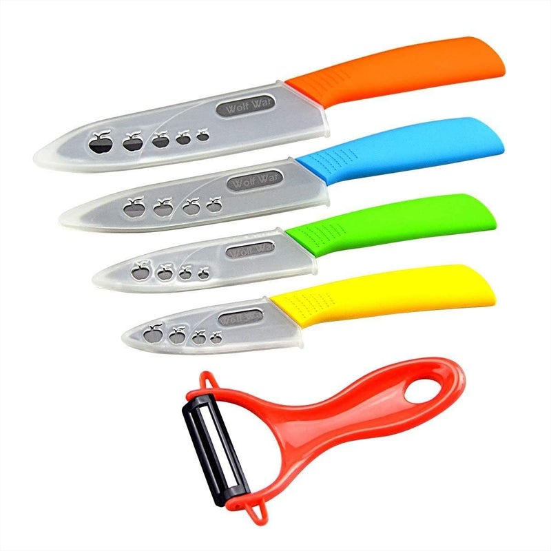 Wolf War Professional Kitchen Ceramic Knife Set With Sheaths, Super Sharp Rust Proof Stain Resistant (6" Chef Knife, 5" Utility Knife, 4" Fruit Knife, 3" Paring Knife, One Peeler) - Image 4