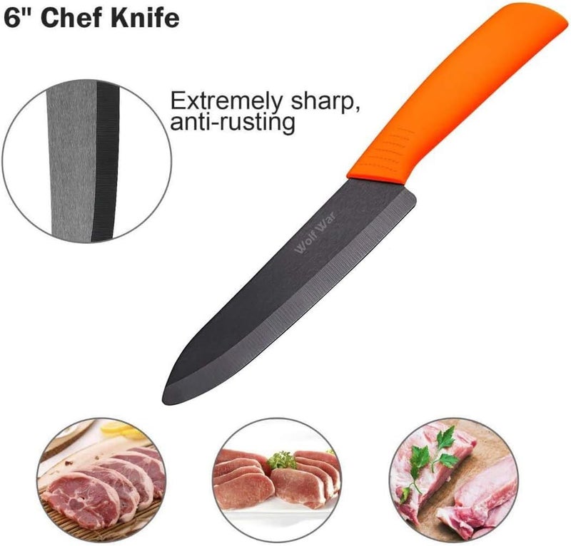 Wolf War Professional Kitchen Ceramic Knife Set With Sheaths, Super Sharp Rust Proof Stain Resistant (6" Chef Knife, 5" Utility Knife, 4" Fruit Knife, 3" Paring Knife, One Peeler) - Image 2