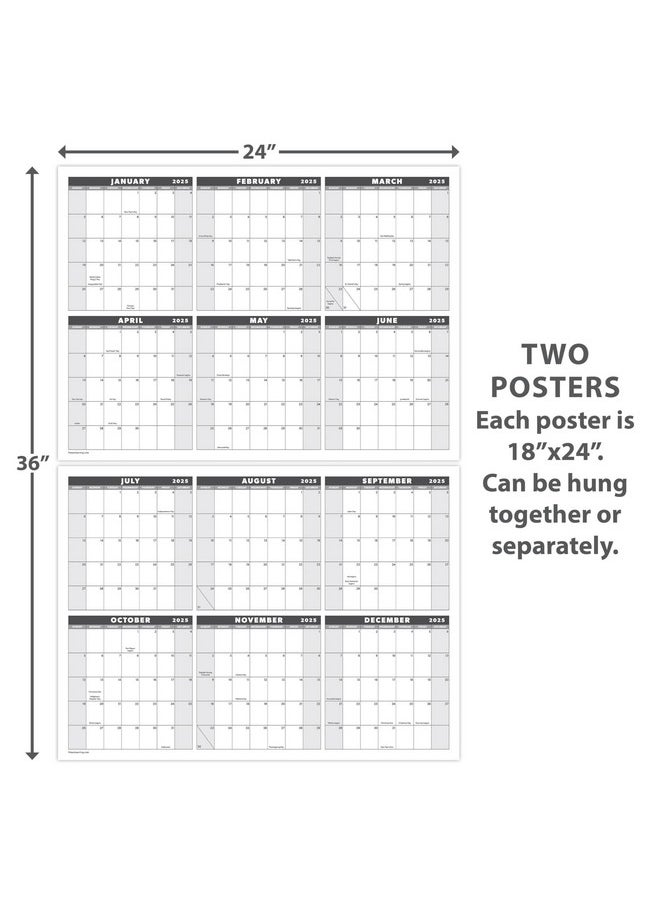 Palace Learning Large 24" X 36" 2025 Dry Erase Wall Calendar With Markers - Wet & Dry Erasable 12 Month Annual Yearly Wall Planner - Horizontal/Vertical, Reversible - Two Piece Design (Grey, Laminated, 2025)  - Image 2
