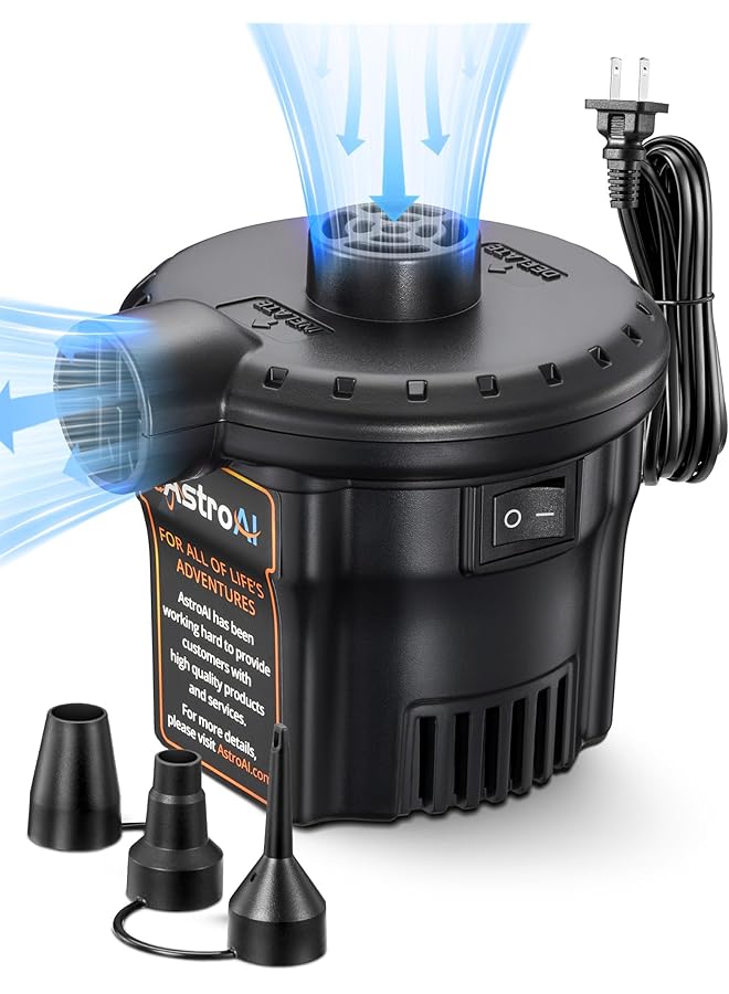 AstroAI Electric Air Pump Portable Ac Electric Pump For Inflating/Deflating With 3 Nozzles Quick Fill Pumps For Air Bed Swimming Ring Padding Pool Toy Raft For Home & Yard 240V - Image 1