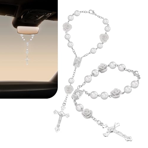 winterrock 2 PCS Car Rosary Rearview Mirror Rose Pearl Cross Auto Rear View Mirror Hanging Charm Personalized Religious Blessing Rose Cross Alloy Pendant Universal Car Decor Accessories White - Image 1