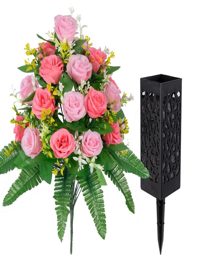 MOOMASS Artificial Cemetery Flowers - Grave Decorations, Cemetery Flowers for Grave Vase, Artificial Rose, Silk Flowers for Long-Lasting Remembrance(Pink+Light Pink, 2 Bouquets) - Image 4