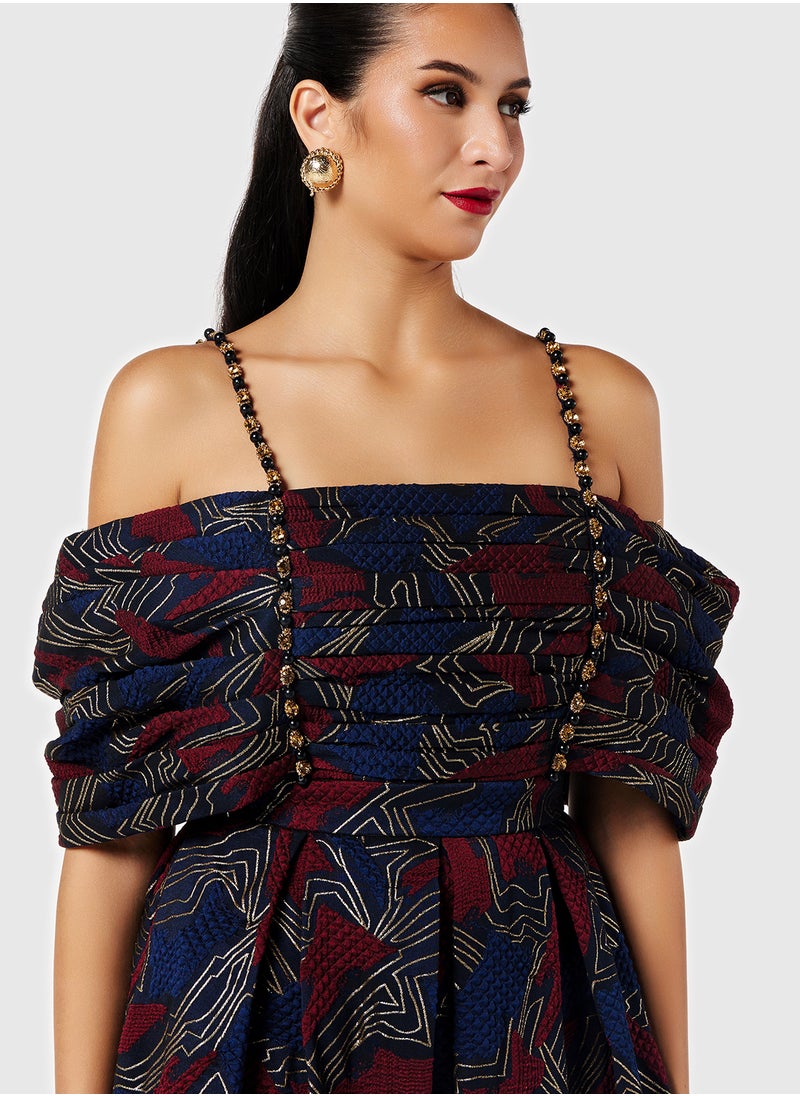 Threadz by Ajooni Printed Bardot Strappy Dress  - Image 3