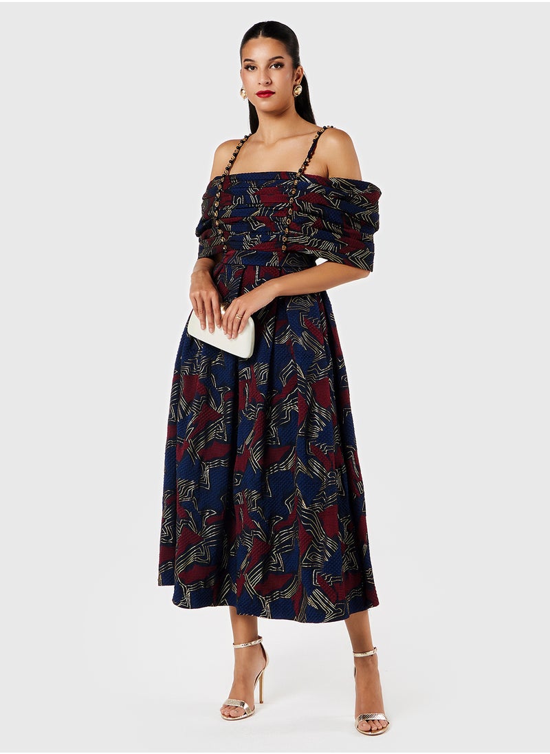 Threadz by Ajooni Printed Bardot Strappy Dress  - Image 4