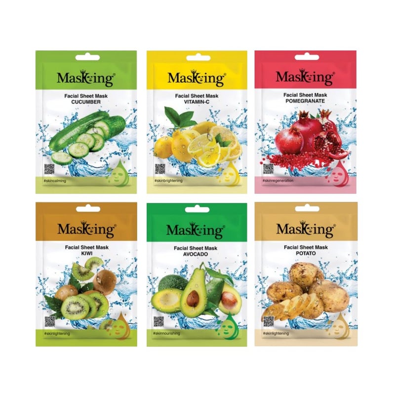 MASKING MasKing Beauty Cucumber VitaminC Pomegranate Kiwi Avocado Potato extract Facial sheet mask for glowing and hydrating daily Skin care combo pack of 6  - Image 1