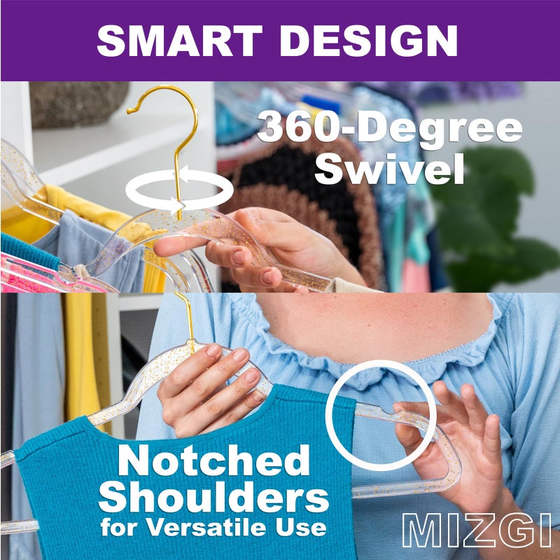 MIZGI Premium Clear Invisible Acrylic Hangers,Crystal Plastic Hangers with Bling Gold Glitter 20 Pack Ultra Slim & Space Saving Suit Hangers for Coats, Pants & Dress Clothes - Image 3