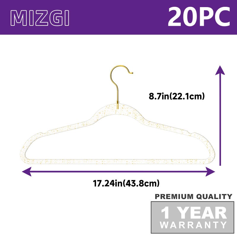 MIZGI Premium Clear Invisible Acrylic Hangers,Crystal Plastic Hangers with Bling Gold Glitter 20 Pack Ultra Slim & Space Saving Suit Hangers for Coats, Pants & Dress Clothes - Image 4