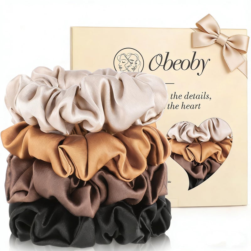 obeoby 4 Pack Mulberry Silk Scrunchies, Brown Silk Hair Ties for Hair Sleep No Damag Satin Scrunchies Gifts for Mom Wife - Image 1