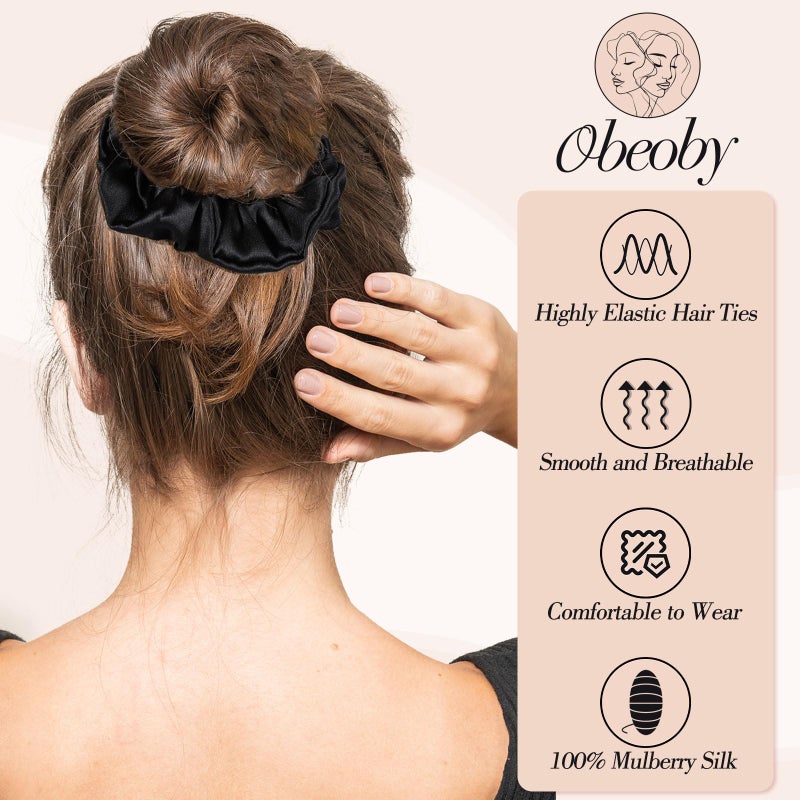 obeoby 4 Pack Mulberry Silk Scrunchies, Brown Silk Hair Ties for Hair Sleep No Damag Satin Scrunchies Gifts for Mom Wife - Image 4