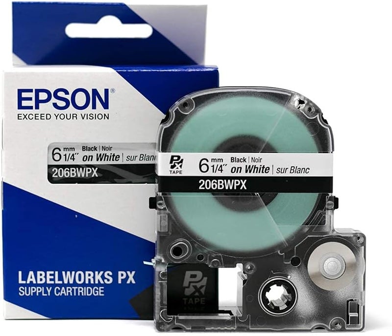 LABELWORKS Epson 206BWPX Genuine PET (Polyester) Tape Cartridge - Black on White Standard Industrial Label Maker Tape - 1/4" (6MM) Wide, 30 ft - Image 1