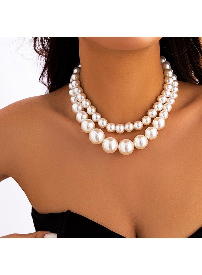 Wiwpar 2Pcs Women'S Chunky Large Simulated Pearl Statement Choker Necklace Multi-Strand Pearl Bridal Necklace Vintage 1920S Large Pearl Collar Choker For Wedding Party Jewelry 20S Flapper (Style1) - Image 3