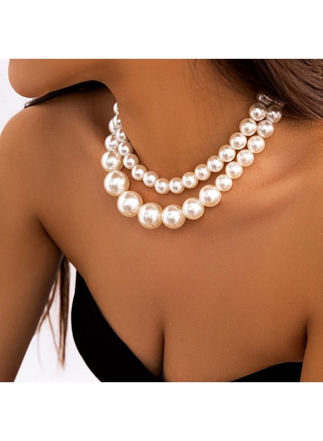 Wiwpar 2Pcs Women'S Chunky Large Simulated Pearl Statement Choker Necklace Multi-Strand Pearl Bridal Necklace Vintage 1920S Large Pearl Collar Choker For Wedding Party Jewelry 20S Flapper (Style1) - Image 5