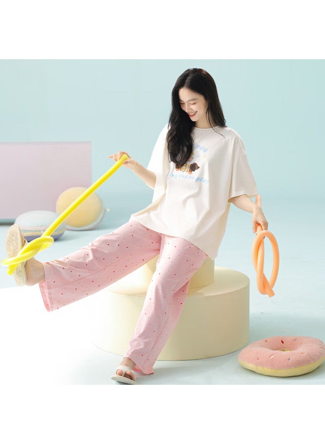 Fenton Fenteng Women's Summer Pajamas, Pure Cotton Thin Short-sleeve Long Pants, Cute Casual Sweet Loungewear Set, Pink, XL - Image 2
