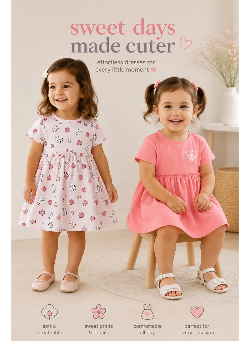 فكتور اند جين Girls Puff Sleeve Cotton Dress – Solid & Floral Summer Daywear