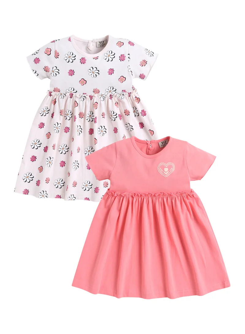 فكتور اند جين Girls Puff Sleeve Cotton Dress – Solid & Floral Summer Daywear