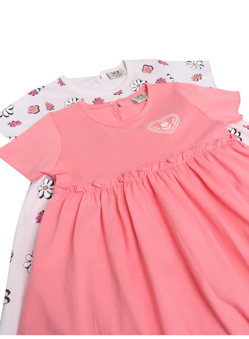 Victor And Jane Pack Of 2 Girls Puff Sleeve Cotton Dress – Solid & Floral Summer Daywear for Women | Best Price UAE