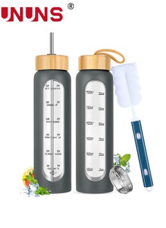 UNUNS 1L Motivational Glass Water Bottle with Time Marker & Silicone Sleeve &  Straw & Bamboo Lids & Fruit Infuser , Leak Proof Reusable BPA Free Motivational Drinking Jug Water Jug  - Image 1
