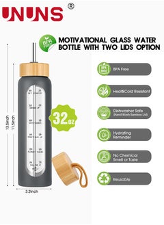 UNUNS 1L Motivational Glass Water Bottle with Time Marker & Silicone Sleeve &  Straw & Bamboo Lids & Fruit Infuser , Leak Proof Reusable BPA Free Motivational Drinking Jug Water Jug  - Image 4