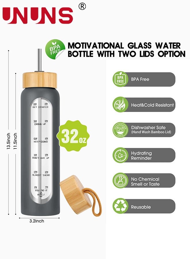 UNUNS 1L Motivational Glass Water Bottle with Time Marker & Silicone Sleeve &  Straw & Bamboo Lids & Fruit Infuser , Leak Proof Reusable BPA Free Motivational Drinking Jug Water Jug  - Image 4