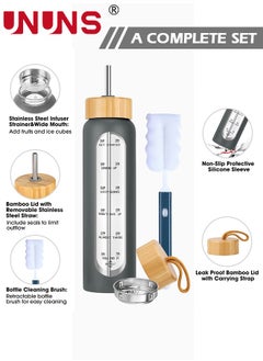 UNUNS 1L Motivational Glass Water Bottle with Time Marker & Silicone Sleeve &  Straw & Bamboo Lids & Fruit Infuser , Leak Proof Reusable BPA Free Motivational Drinking Jug Water Jug  - Image 2