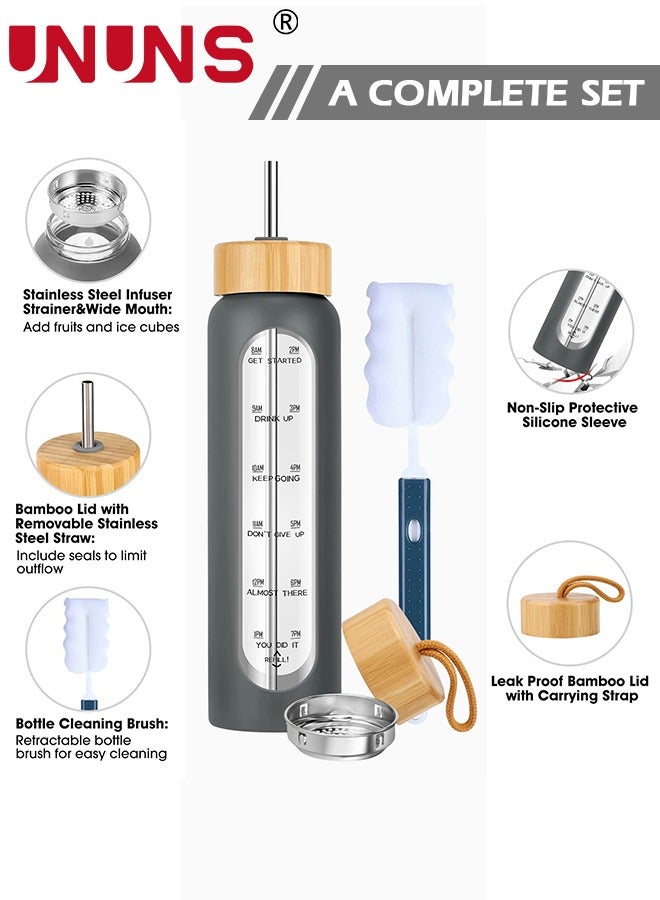UNUNS 1L Motivational Glass Water Bottle with Time Marker & Silicone Sleeve &  Straw & Bamboo Lids & Fruit Infuser , Leak Proof Reusable BPA Free Motivational Drinking Jug Water Jug  - Image 2
