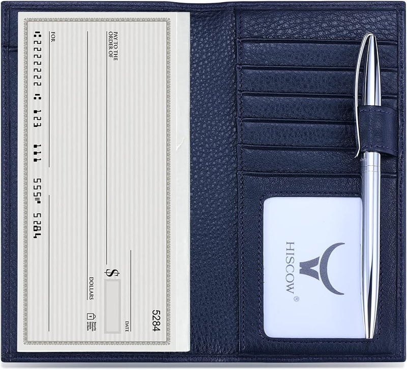 HISCOW Soft Leather Checkbook Cover & Card Holder with Divider - Italian Calfskin (Pebbled Blue) - Image 1