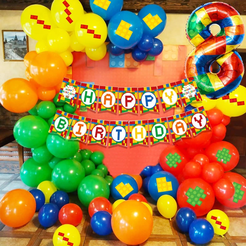 Roaring Good Time 8th Birthday Decoration Building Blocks Themed Birthday Party Decorations Building Blocks Balloons Banner Colorful Themed Birthday Party Pack Supplies Number 8 Balloons - Image 2