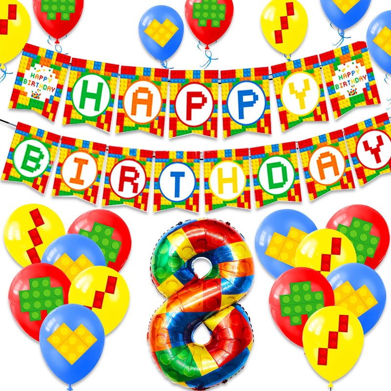 Roaring Good Time 8th Birthday Decoration Building Blocks Themed Birthday Party Decorations Building Blocks Balloons Banner Colorful Themed Birthday Party Pack Supplies Number 8 Balloons - Image 1